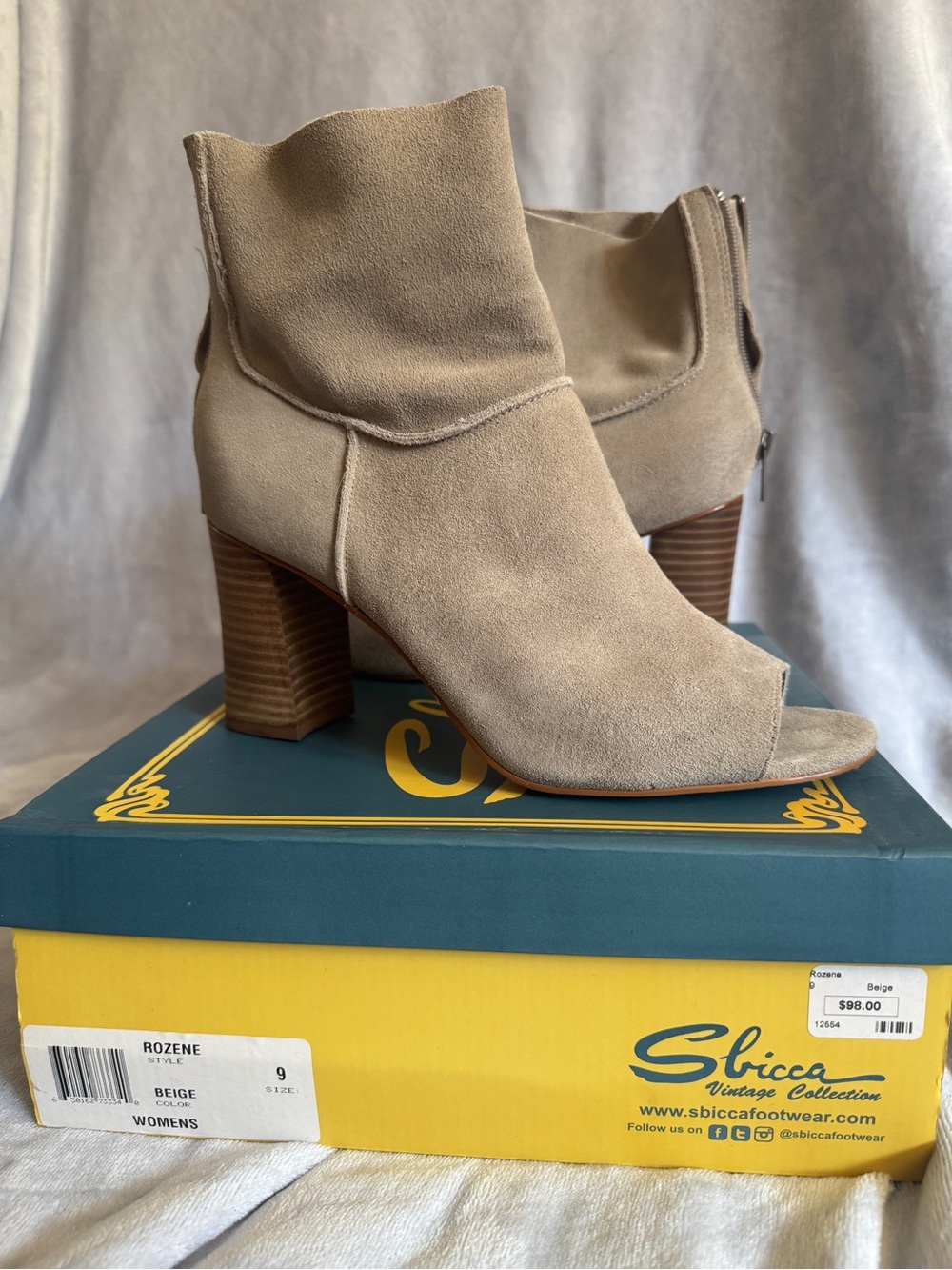 Sbicca Beige Suede Peep-Toe Stacked Block Heel Ankle Boots